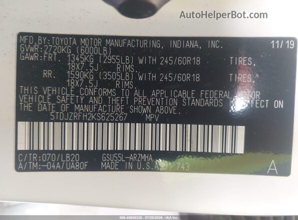 5TDJZRFH2KS625267 2019 TOYOTA HIGHLANDER White Engine compartment view