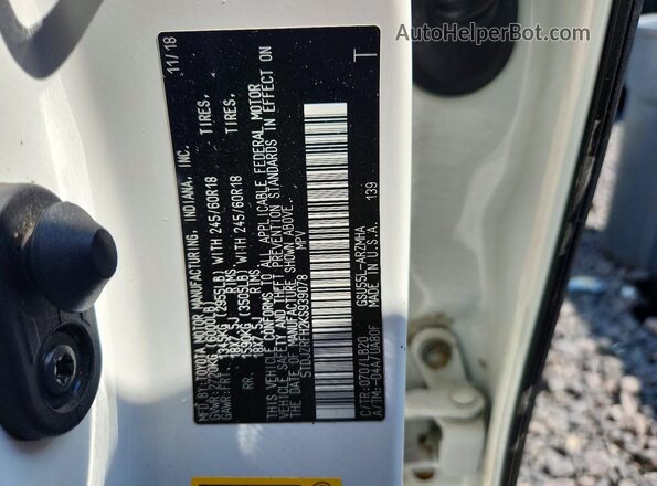 5TDJZRFH2KS939078 2019 TOYOTA HIGHLANDER White VIN კოდის სტიკერის ხედი