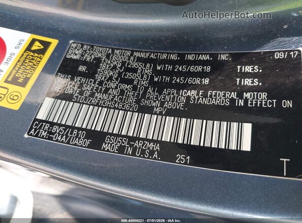 5TDJZRFH3HS483620 2017 TOYOTA HIGHLANDER Синий Вид подкапотного пространства