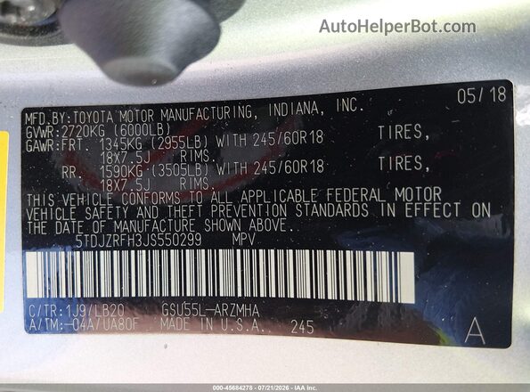 5TDJZRFH3JS550299 2018 TOYOTA HIGHLANDER Silver Widok komory silnika
