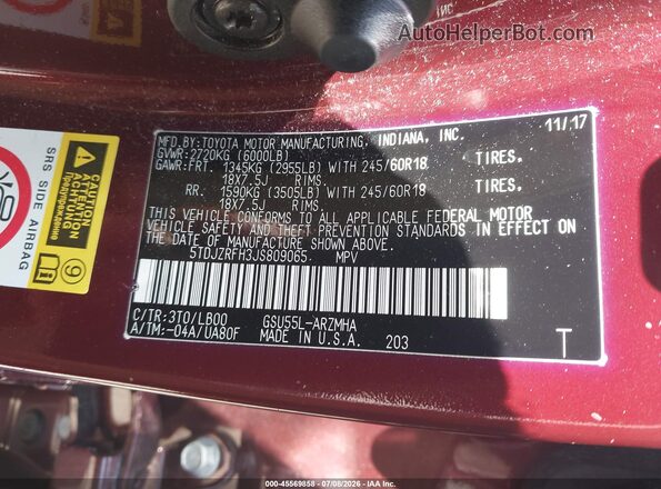 5TDJZRFH3JS809065 2018 TOYOTA HIGHLANDER Burgundy Vista del compartimento del motor