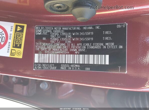5TDJZRFH4HS483044 2017 TOYOTA HIGHLANDER Red Widok komory silnika