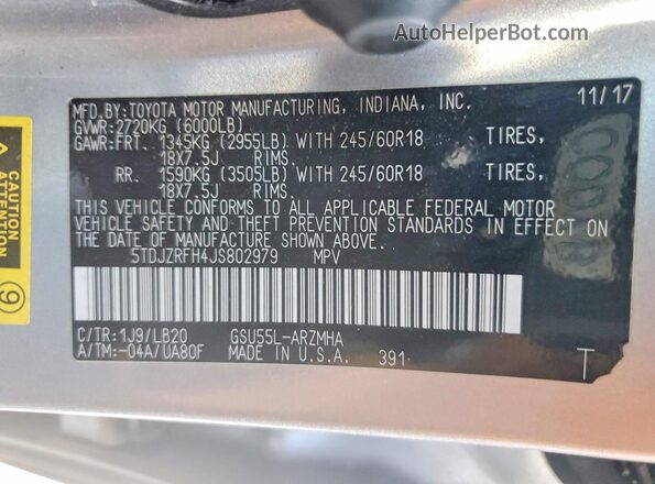 5TDJZRFH4JS802979 2018 TOYOTA HIGHLANDER Silver Widok naklejki z numerem VIN