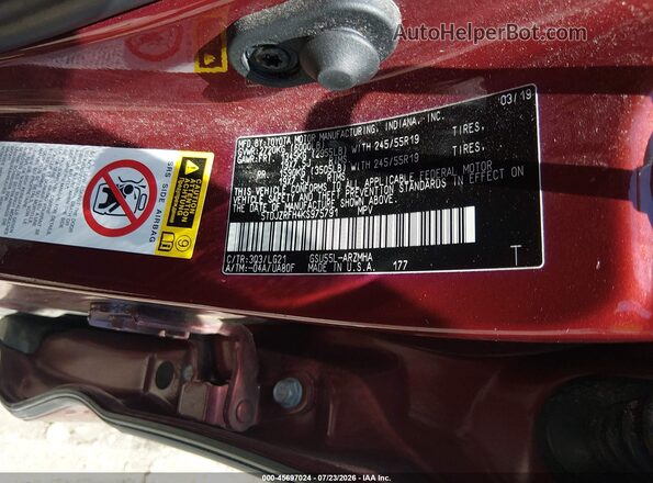 5TDJZRFH4KS975791 2019 TOYOTA HIGHLANDER Красный Вид подкапотного пространства