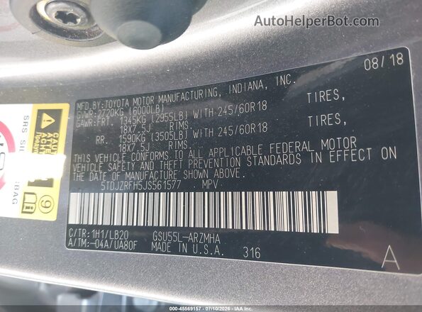 5TDJZRFH5JS561577 2018 TOYOTA HIGHLANDER Gray Շարժիչի բաժամունքի տեսք