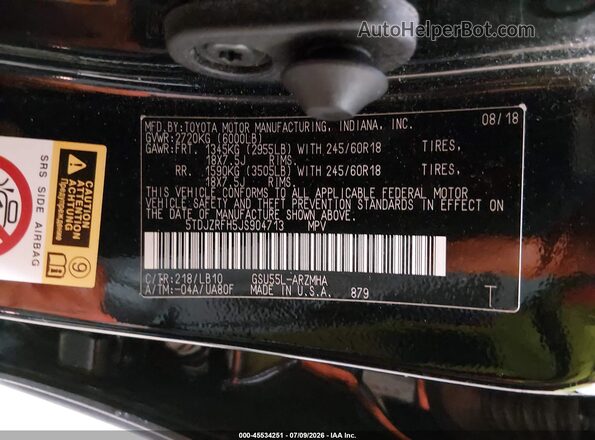 5TDJZRFH5JS904713 2018 TOYOTA HIGHLANDER Black ძრავის განყოფილების ხედი