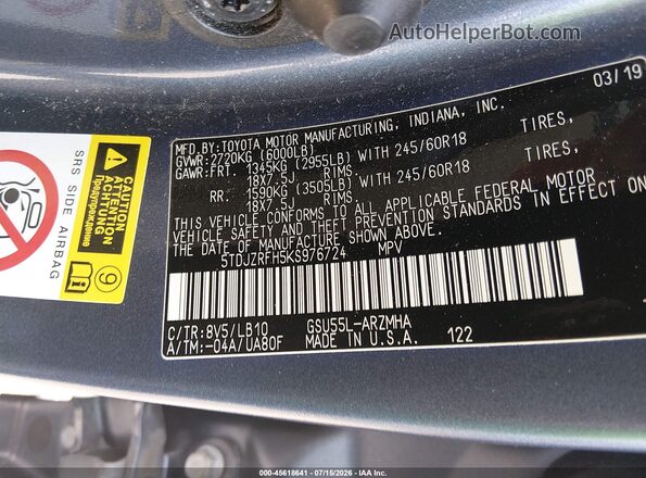 5TDJZRFH5KS976724 2019 TOYOTA HIGHLANDER Blue Vista del compartimento del motor