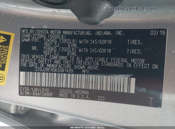 5TDJZRFH5KS981499 2019 TOYOTA HIGHLANDER Silver Շարժիչի բաժամունքի տեսք