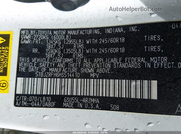 5TDJZRFH6HS514410 2017 TOYOTA HIGHLANDER White Вид підкапотного простору
