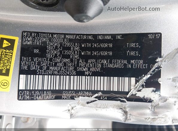 5TDJZRFH6JS524506 2018 TOYOTA HIGHLANDER Silver Вид підкапотного простору