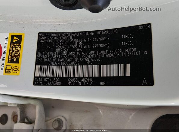 5TDJZRFH6JS538289 2018 TOYOTA HIGHLANDER White ძრავის განყოფილების ხედი