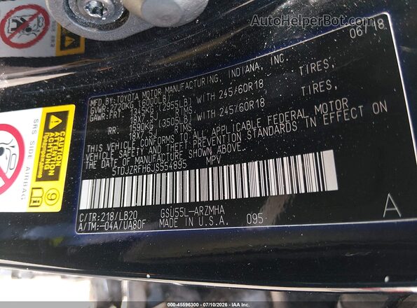 5TDJZRFH6JS554895 2018 TOYOTA HIGHLANDER Black Շարժիչի բաժամունքի տեսք