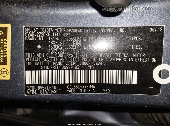 5TDJZRFH6JS889185 2018 TOYOTA HIGHLANDER Blue Vista del compartimento del motor