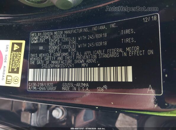 5TDJZRFH6KS577241 2019 TOYOTA HIGHLANDER Black Вид підкапотного простору