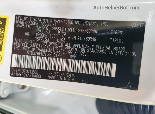 5TDJZRFH7HS513489 2017 TOYOTA HIGHLANDER White Widok wnętrza 360 stopni