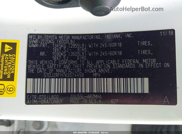 5TDJZRFH7KS574459 2019 TOYOTA HIGHLANDER Белый Вид подкапотного пространства