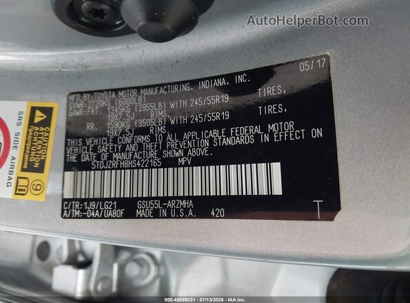 5TDJZRFH8HS422165 2017 TOYOTA HIGHLANDER Silver Vista del compartimento del motor