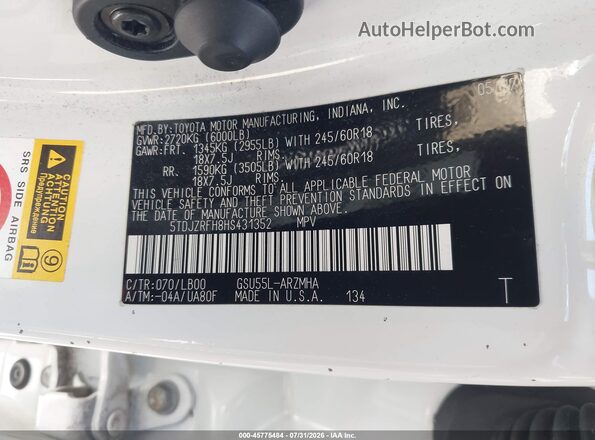 5TDJZRFH8HS431352 2017 TOYOTA HIGHLANDER White Vista del compartimento del motor