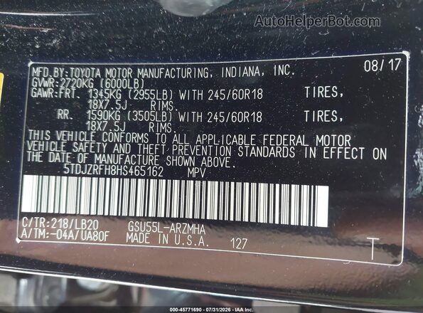 5TDJZRFH8HS465162 2017 TOYOTA HIGHLANDER Black Widok komory silnika