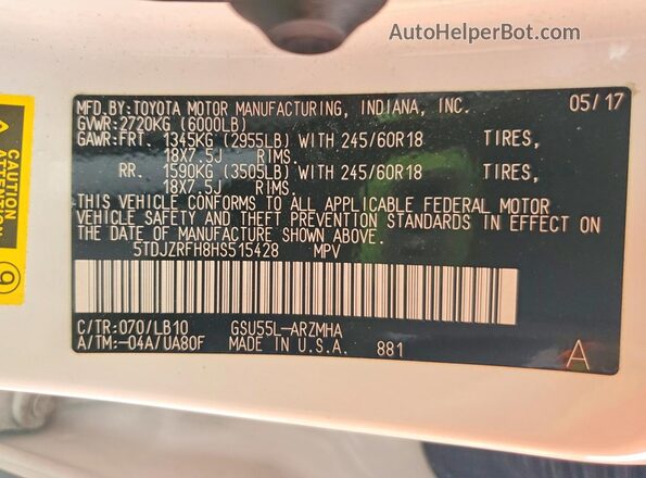 5TDJZRFH8HS515428 2017 TOYOTA HIGHLANDER White VIN sticker view