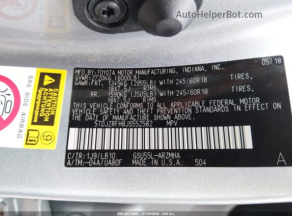 5TDJZRFH8JS552582 2018 TOYOTA HIGHLANDER Gray Widok komory silnika