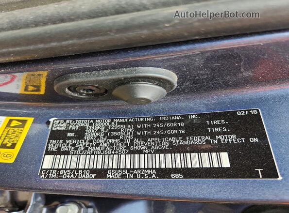 5TDJZRFH8JS844507 2018 TOYOTA HIGHLANDER Blue VIN sticker view