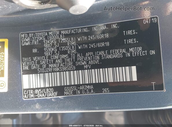 5TDJZRFH8KS985059 2019 TOYOTA HIGHLANDER Синий Вид подкапотного пространства