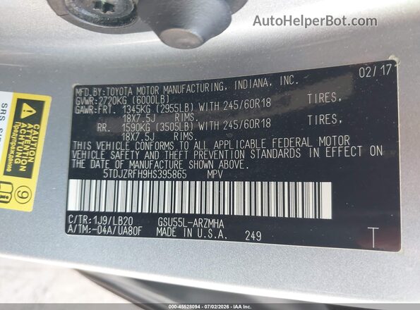 5TDJZRFH9HS395865 2017 TOYOTA HIGHLANDER Серебряный Вид подкапотного пространства