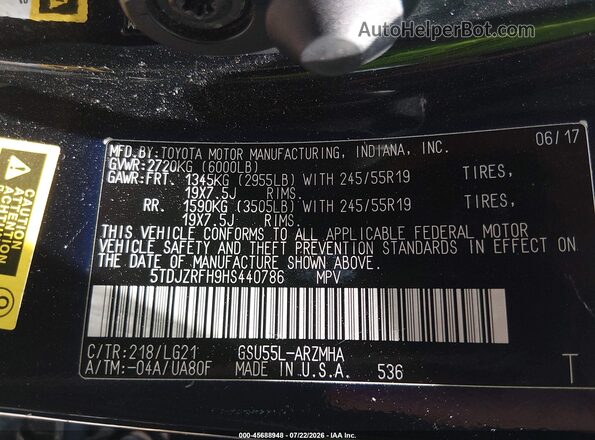 5TDJZRFH9HS440786 2017 TOYOTA HIGHLANDER Черный Вид подкапотного пространства