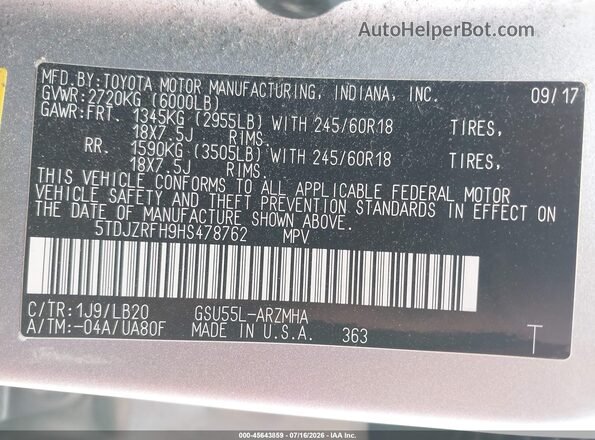 5TDJZRFH9HS478762 2017 TOYOTA HIGHLANDER Silver Vista del compartimento del motor