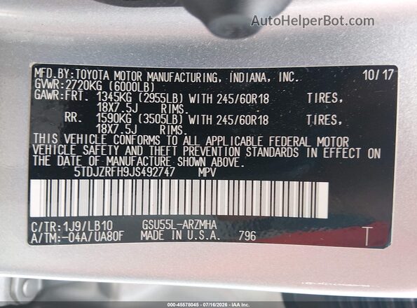 5TDJZRFH9JS492747 2018 TOYOTA HIGHLANDER Gray Engine compartment view