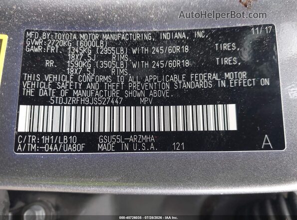 5TDJZRFH9JS527447 2018 TOYOTA HIGHLANDER Gray Շարժիչի բաժամունքի տեսք