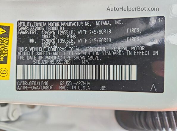 5TDJZRFH9JS532891 2018 TOYOTA HIGHLANDER White VIN sticker view