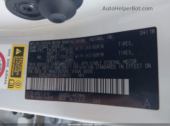 5TDJZRFH9JS548640 2018 TOYOTA HIGHLANDER White Вид підкапотного простору