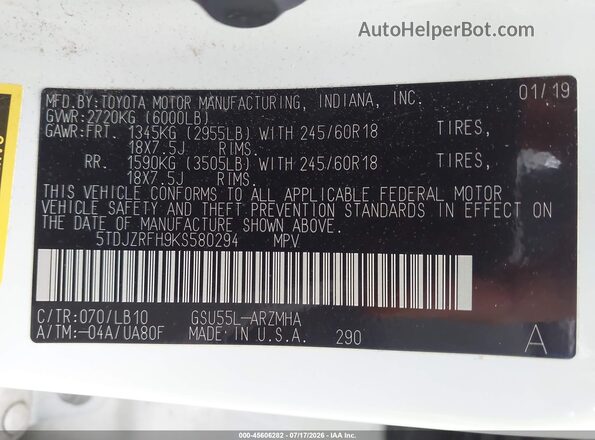 5TDJZRFH9KS580294 2019 TOYOTA HIGHLANDER White Vista de la etiqueta del VIN