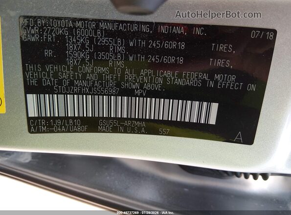 5TDJZRFHXJS556987 2018 TOYOTA HIGHLANDER Silver Vista del compartimento del motor