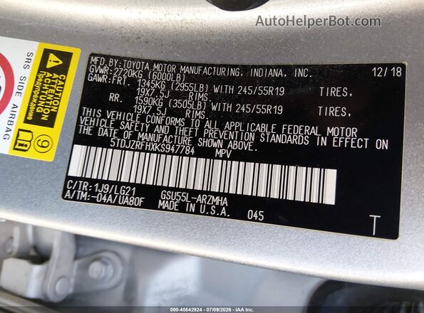 5TDJZRFHXKS947784 2019 TOYOTA HIGHLANDER Silver Շարժիչի բաժամունքի տեսք