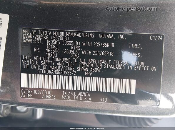 5TDKDRAH0RS053572 2024 TOYOTA HIGHLANDER Gray Engine compartment view