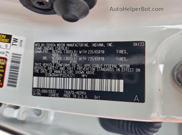 5TDKDRAH1PS034221 2023 TOYOTA HIGHLANDER Белый Панорамный вид салона 360°