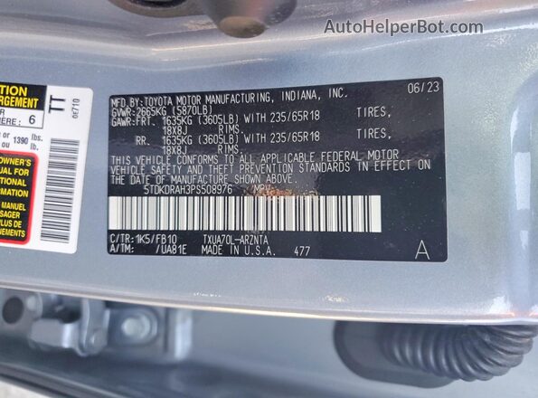 5TDKDRAH3PS508976 2023 TOYOTA HIGHLANDER Silver Սալոնի 360 աստիճան տեսք