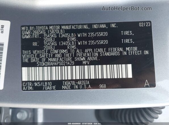 5TDKDRAH4PS021429 2023 TOYOTA HIGHLANDER Blue Շարժիչի բաժամունքի տեսք