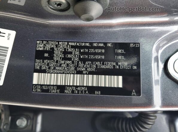 5TDKDRAH4PS045049 2023 TOYOTA HIGHLANDER Gray Widok naklejki z numerem VIN