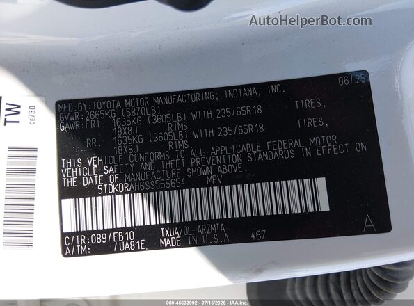 5TDKDRAH6SS555654 2025 TOYOTA HIGHLANDER White ძრავის განყოფილების ხედი