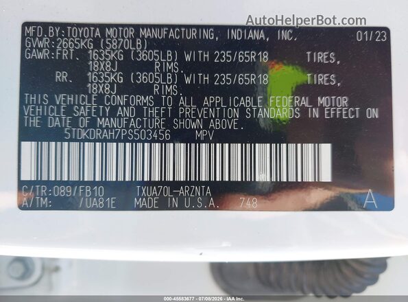 5TDKDRAH7PS503456 2023 TOYOTA HIGHLANDER Белый Вид подкапотного пространства