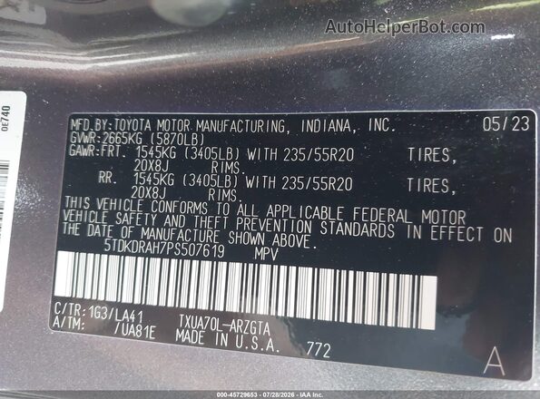 5TDKDRAH7PS507619 2023 TOYOTA HIGHLANDER Gray Շարժիչի բաժամունքի տեսք