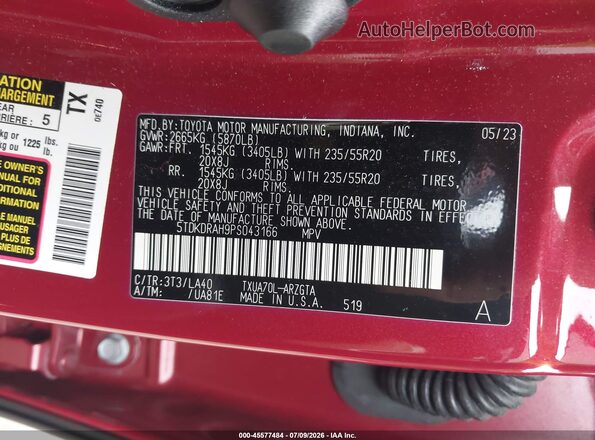 5TDKDRAH9PS043166 2023 TOYOTA HIGHLANDER Red Вид підкапотного простору
