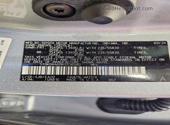 5TDKDRAH9RS536980 2024 TOYOTA HIGHLANDER Серебряный Панорамный вид салона 360°