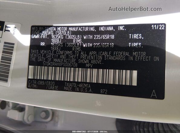 5TDKDRAHXPS006708 2023 TOYOTA HIGHLANDER White Շարժիչի բաժամունքի տեսք