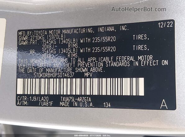 5TDKDRBH0PS014637 2023 TOYOTA HIGHLANDER Silver Engine compartment view