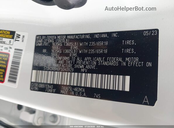 5TDKDRBH0PS040929 2023 TOYOTA HIGHLANDER White Vista del compartimento del motor